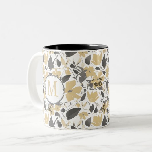 黄色の水色モノグラムのクレマチス花 ツートーンマグカップ (正面左)