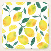 黄色の水色レモンパターン スクエアペーパーコースター (正面)
