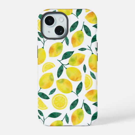 黄色の水色レモンパターン iPhone 15ケース (裏面)