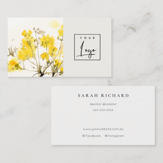 黄色の水色ワイルドフラワーボホフローラロゴ 名刺 (正面/裏面)
