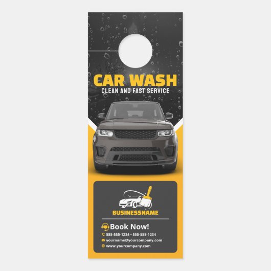 黄色の洗車自動詳細車の洗車 ドアノブサイン (正面)