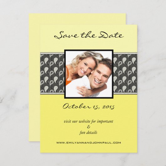 黄色の深いグレーペイズリー写真の日付を保存 案内ポストカード (正面/裏面)
