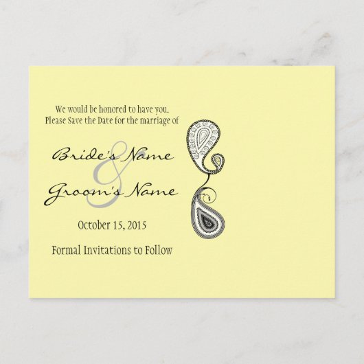 黄色の深いグレーペイズリー写真の日付を保存 案内ポストカード (裏面)