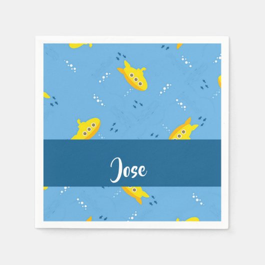 黄色の潜水艦と青の魚 スタンダードカクテルナプキン (正面)