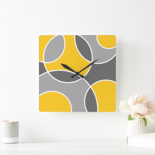 黄色の灰色の抽象芸術円 スクエア壁時計 (ホーム)