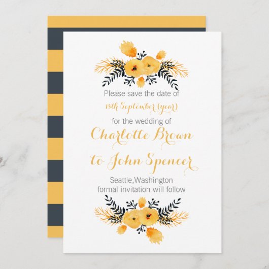 黄色の灰色の水色のフローラは日付を保存 セーブザデート (正面/裏面)