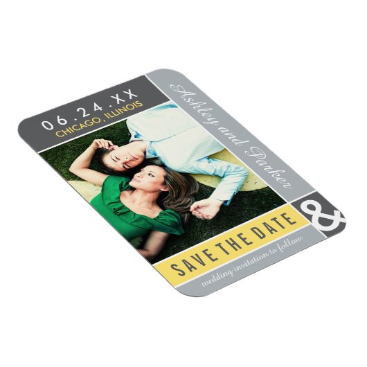 黄色の灰色の色結婚ブロックの写真日付を保存 マグネット (右側)