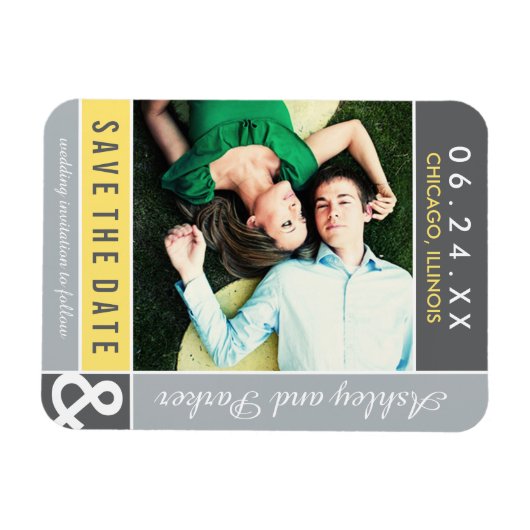 黄色の灰色の色結婚ブロックの写真日付を保存 マグネット (横)