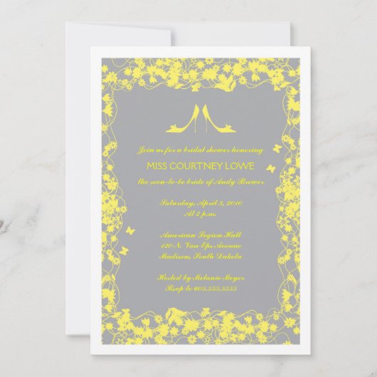 黄色の灰色はブライダルシャワーの招待状をかかとで蹴ります 招待状 (正面)