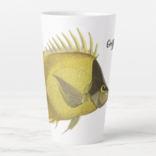 黄色の熱帯性チェルモンロンジロストリス、ヴィンテージ魚 カフェラテマグ (正面)