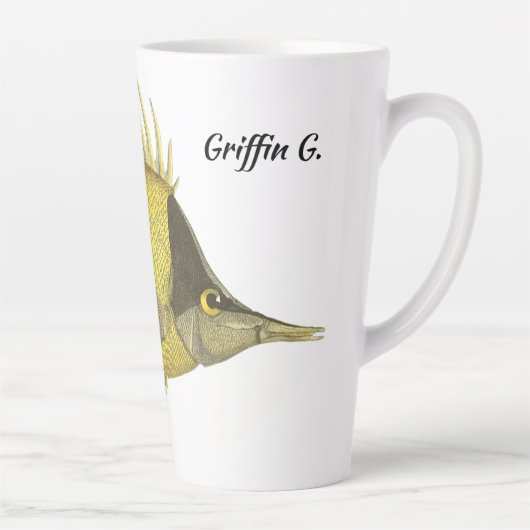 黄色の熱帯性チェルモンロンジロストリス、ヴィンテージ魚 カフェラテマグ (右)