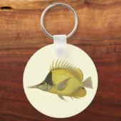 黄色の熱帯性チェルモンロンジロストリス、ヴィンテージ魚 キーホルダー (正面)