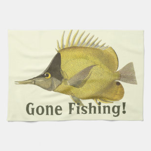 黄色の熱帯性チェルモン・ロニロストリス、ビンテージ魚 キッチンタオル