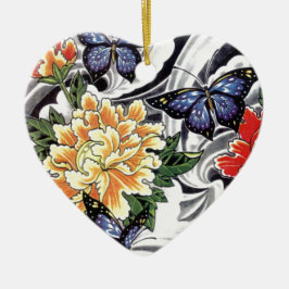 黄色の牡丹と蝶のタトゥーデザイン セラミックオーナメント