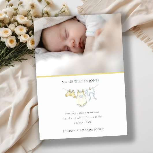 黄色の物干し写真ベビー誕生発表 サンキューカード