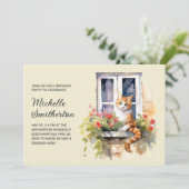 黄色の猫の窓辺の花たち 誕生日 招待状 (スタンド正面)