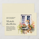 黄色の猫の窓辺の花たち 誕生日 招待状 (正面/裏面)