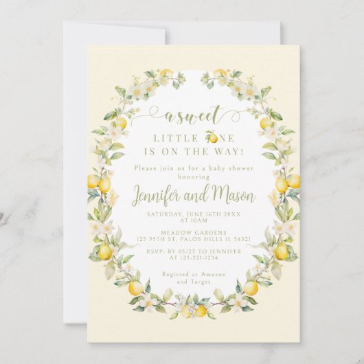 黄色の甘いレモンフローラリースベビーシャワー 招待状 (正面)