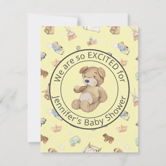黄色の男の赤ちゃんまたは女の子モダンの赤ちゃんシャワー 招待状 (裏面)