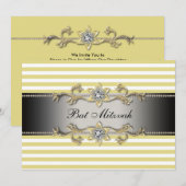 黄色の白いストライプのバット・ミツバ 招待状 (正面/裏面)