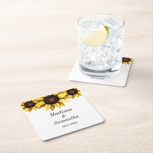 黄色の白い新郎新婦ひまわり結婚の スクエアペーパーコースター (インサイチュ)