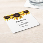 黄色の白い新郎新婦ひまわり結婚の スクエアペーパーコースター (アングル)