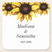 黄色の白い新郎新婦ひまわり結婚の スクエアペーパーコースター (正面)