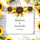 黄色の白い新郎新婦ひまわり結婚の スクエアペーパーコースター