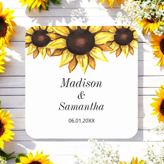 黄色の白い新郎新婦ひまわり結婚の スクエアペーパーコースター