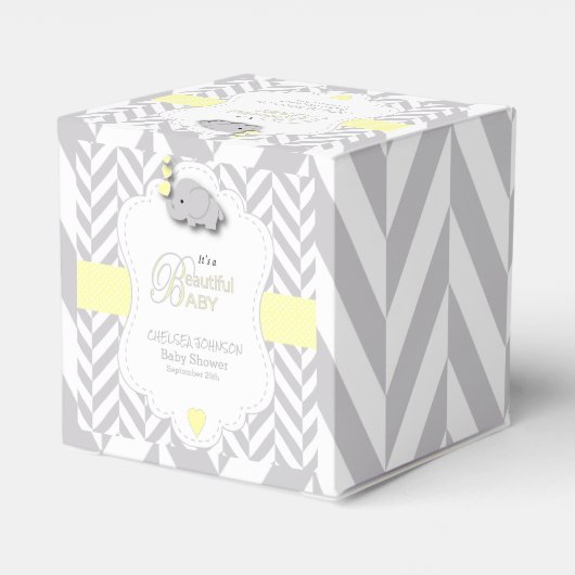 黄色の白い灰色の象の赤ちゃんシャワー フェイバーボックス (裏面サイド)