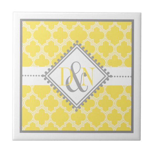 黄色の白い花弁モノグラム結婚の形見 タイル (正面)