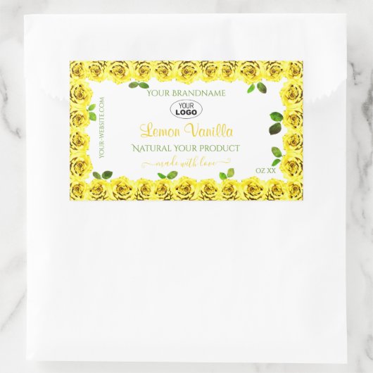 黄色の白い製品ラベルのブルーミングバラ追加ロゴ 長方形シール (バッグ)