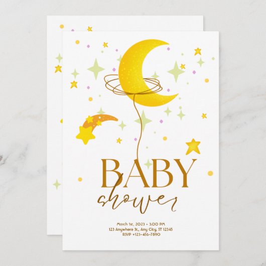 黄色の白い赤ちゃんシャワー 招待状 (正面/裏面)