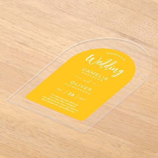 黄色の白のアーチアクリルの結婚式の招モダン待 アクリル招待状 (レイダウン)