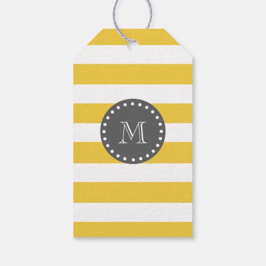 黄色の白ストライプ色のパターン、木炭モノグラム ギフトタグ (裏面)