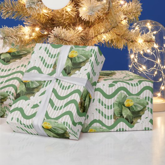黄色の睡蓮の水彩模様 ラッピングペーパー (クリスマス)