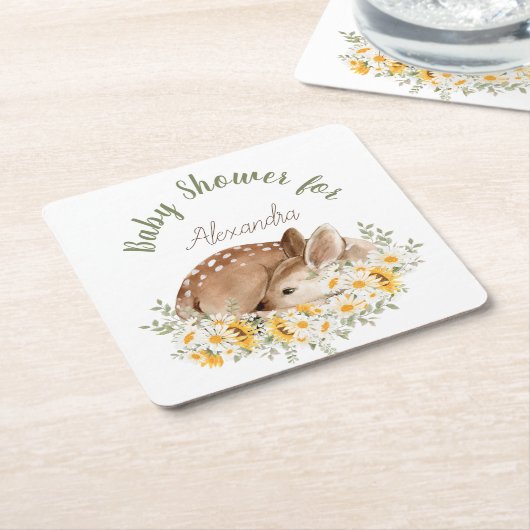 黄色の私たちの親愛小さな鹿、ひまわりのデイジー スクエアペーパーコースター (アングル)