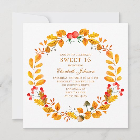 黄色の秋の甘い16.秋ガーデン16歳の誕生日 招待状 (正面)