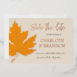 黄色の秋の紅葉ウェディング セーブ・ザ・デート 箔招待状