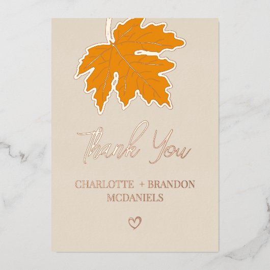 黄色の秋の紅葉 ウェディング サンクス 箔招待状 (正面)