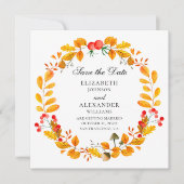 黄色の秋リース。秋の結婚式保存日付 招待状 (正面)