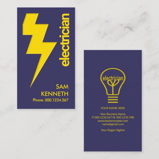 黄色の稲妻ボルトミニマリスト青電気技師 名刺 (正面/裏面)