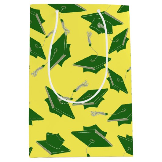 黄色の空中に投げられた緑の卒業キャップ ミディアムペーパーバッグ (正面)