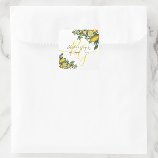 黄色の素朴レモンと葉の緑の結婚香り スクエアシール (バッグ)