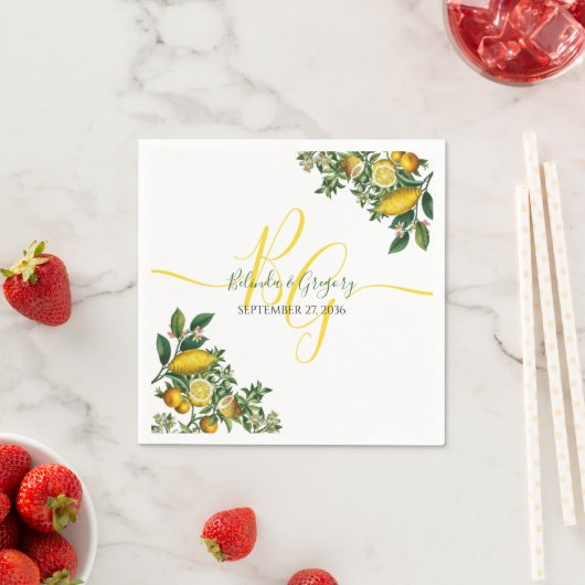 黄色の素朴レモンと葉の緑の結婚香り スタンダードカクテルナプキン (インサイチュ)