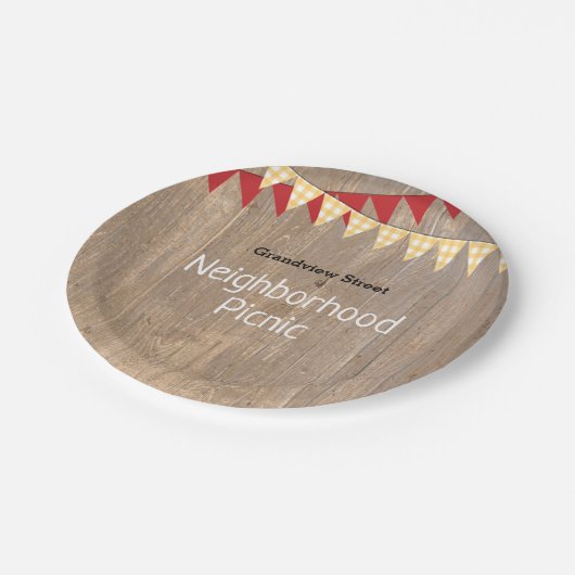 黄色の素朴格子模様の近所のピクニック ペーパープレート (アングル)