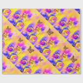 黄色の紫のお洒落花、金ゴールド蝶 ラッピングペーパー (フラット)