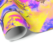 黄色の紫のお洒落花、金ゴールド蝶 ラッピングペーパー (ロールコーナー)