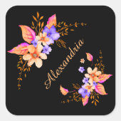 黄色の紫の花の抽象芸術水彩パターン スクエアシール (正面)