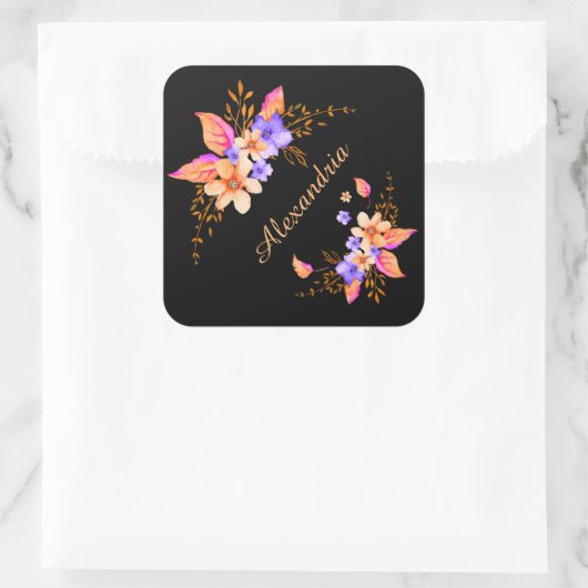 黄色の紫の花の抽象芸術水彩パターン スクエアシール (バッグ)